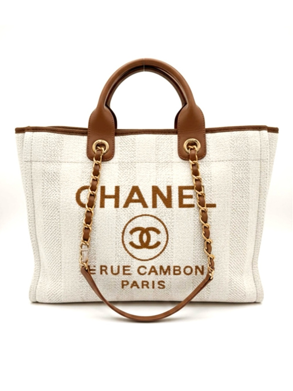 CHANEL Deauville Cream Canvas Tote with Brown Leather Trim & Gold Tone Hardware